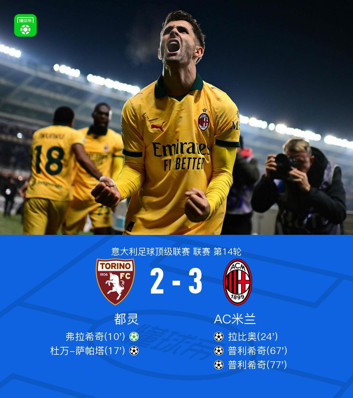 剑南春|米兰让二追三3-2都灵,普利希奇替补双响,拉比奥世界波