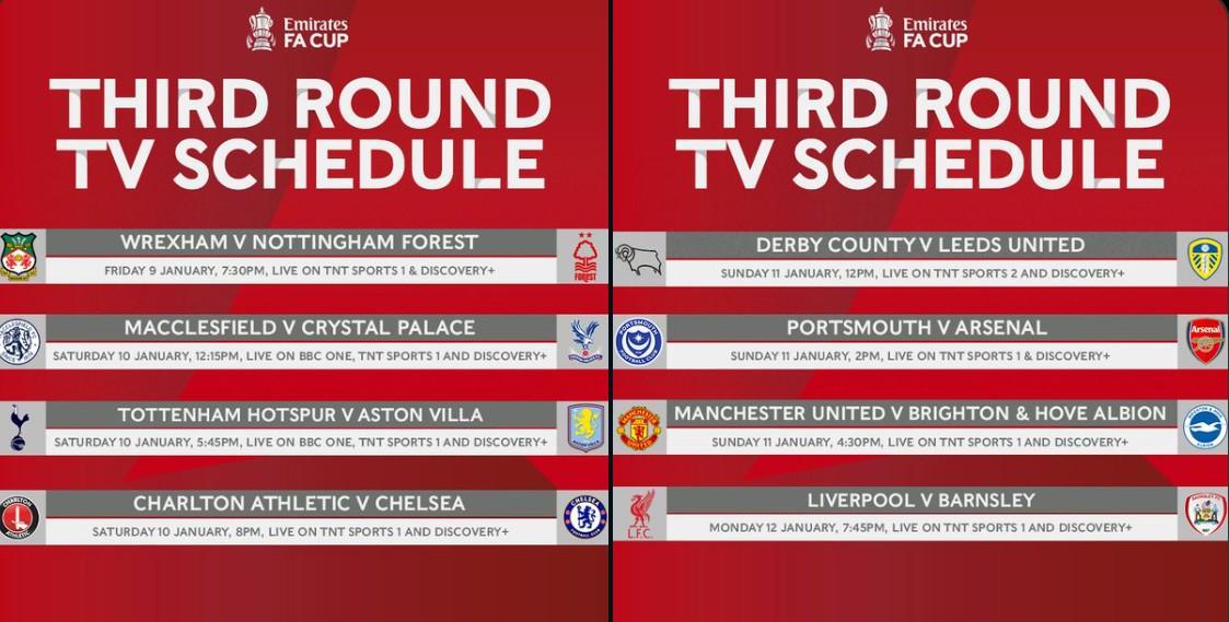 足总杯第3轮开球时间:1月11日热刺vs维拉,12日曼联vs布莱顿